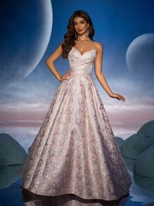 Anymoon Strapless Ruffle Jacquard Evening Dress - Pink - View 4