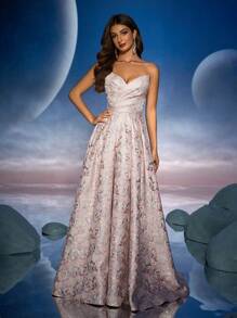 Anymoon Strapless Ruffle Jacquard Evening Dress - Pink - View 5