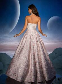 Anymoon Strapless Ruffle Jacquard Evening Dress - Pink - View 3