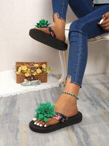 Wygodne, płaskie klapki damskie zdobione kwiatami, modny, letni niezbędnik - Zielony - Zobacz 3