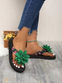 Wygodne, płaskie klapki damskie zdobione kwiatami, modny, letni niezbędnik - Zielony - Zobacz 6