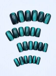 Upgrade Your Look With 24PCS Short Square Press On Nails Creative Translucent Dark Green Cat Eye Design Fake Nails Full Coverage Fake Nail Kit Office Daily Wear False Nails For Women And Girls With Nail File And Jelly Gel 1 Piece Nail Supplies. - Dark Green - View 2