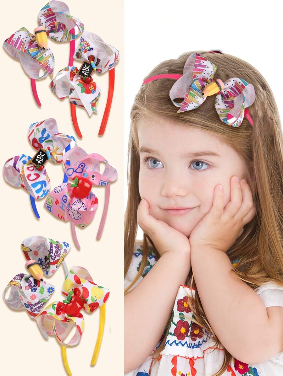 1pc New Colorful Pencil Bow Headband, Cute Children Hair Accessories For Back To School Ceremony, Grosgrain Ribbon Print Hair Hoop Suitable For Return To School And Best Friends