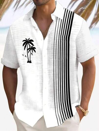 Plus Size Men's Casual Coconut Tree Striped 3D Digital Print Button Pocket Short Sleeve Shirt