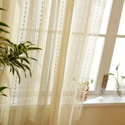 2pcs/Set Bohemian Beige Sheer Curtains, Suitable For Living Room Rod Pocket, Semi-Transparent Curtains, Geometric Cottage, Farmhouse Bedroom, Nursery Decor, Bohemian Sheer Curtains