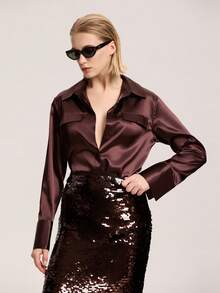 Women's Minimalist Solid Color Pocket Silk-Feel Loose Blouse - Burgundy - View 4