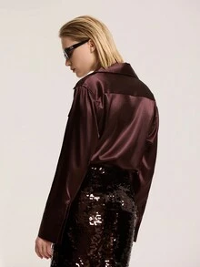 Women's Minimalist Solid Color Pocket Silk-Feel Loose Blouse - Burgundy - View 2