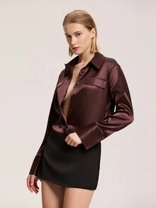 Women's Minimalist Solid Color Pocket Silk-Feel Loose Blouse - Burgundy - View 5