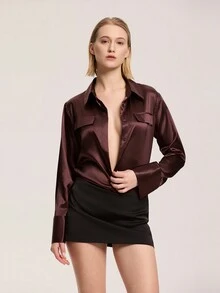 Women's Minimalist Solid Color Pocket Silk-Feel Loose Blouse - Burgundy - View 3