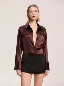 Women's Minimalist Solid Color Pocket Silk-Feel Loose Blouse - Burgundy - View 6