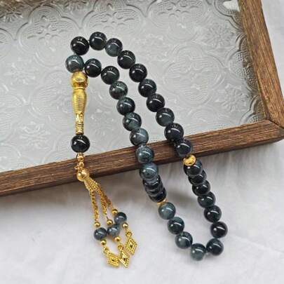 1pc 33pcs Natural Stone Beaded Necklace, Black Tie Dye Tasbi Hand Held Prayer Beads Tasbi