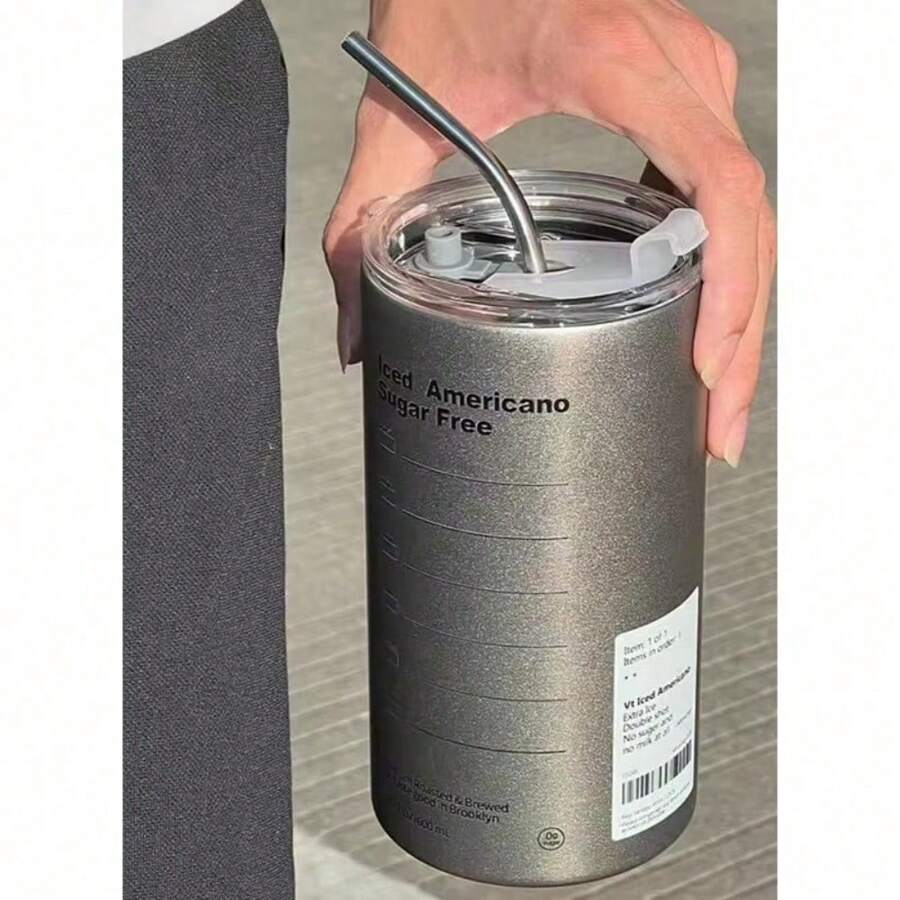 600ML 旅行咖啡杯不锈钢保温杯防漏茶杯咖啡杯车载真空水壶便携式礼物、水瓶，适用于户外、露营 - 灰色 - 查看 1