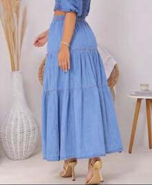LONG WOMEN'S JEANS SKIRT 3 MARIAS WITH ELASTIC WAISTBAND - 淺藍色 - 查看 4