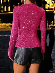 女式立领修身长袖 T 恤，带银箔装饰，百搭