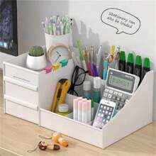 Organizador de Mesa Multiuso com Gavetas Escritório Maquiagem Branco Preto Rosa Eom Utilidades