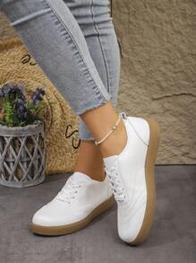 女士休闲黑色户外运动鞋，圆头一脚蹬，透气百搭，定制 - 白色 - 查看 5