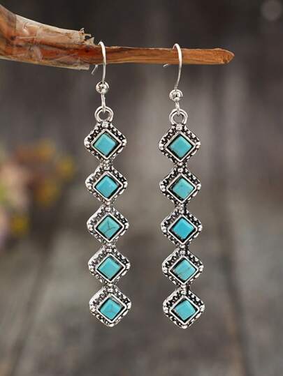 1 Pair Vintage Inlaid Green Turquoise Bead Long Bar 1 Shape Alloy Earrings For Women