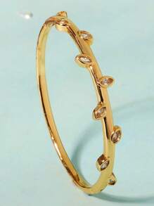 Minimalist French Style Basic Copper Cubic Zirconia Electroplated Gold Bangle Bracelet For Women - Gold - View 1