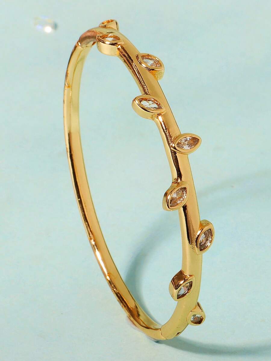 Minimalist French Style Basic Copper Cubic Zirconia Electroplated Gold Bangle Bracelet For Women - Gold - View 1