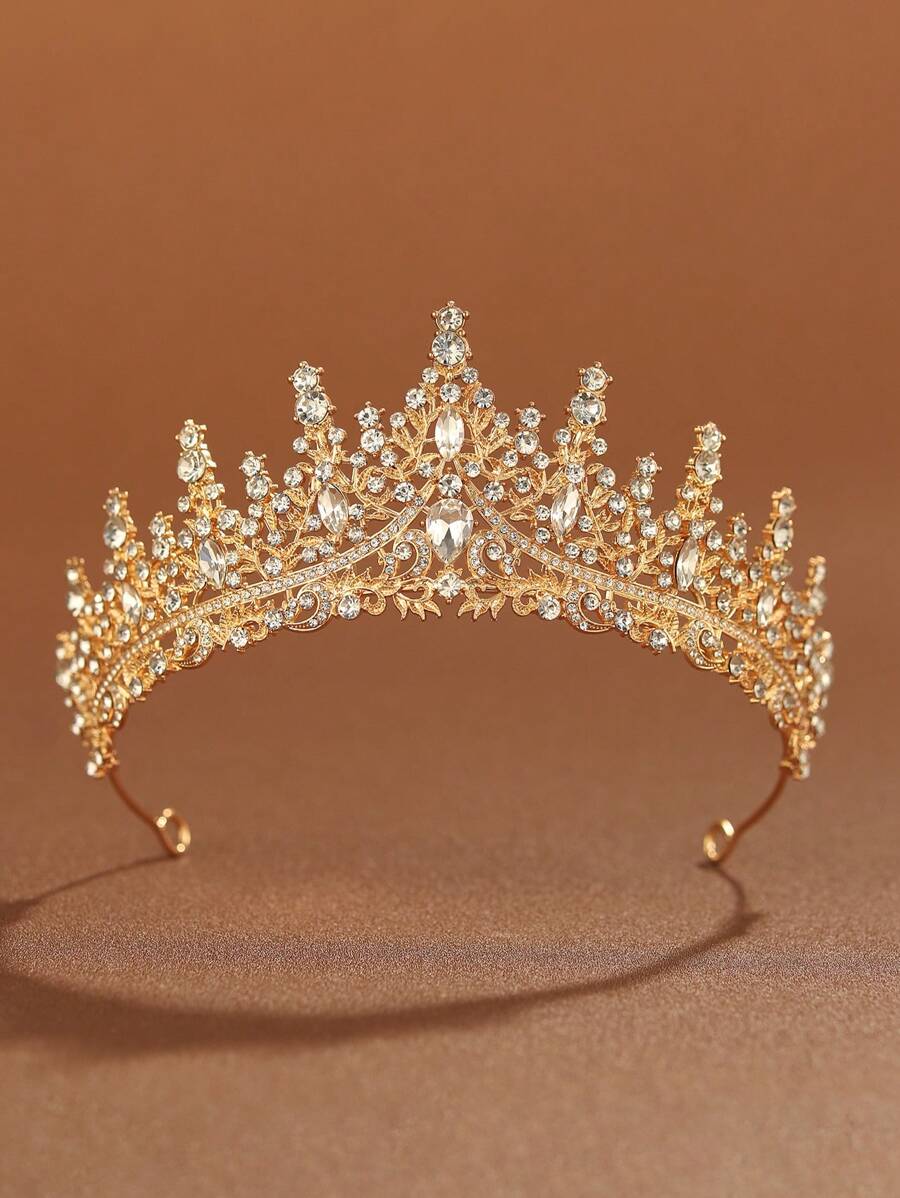 1 件时尚优雅合金皇冠装饰，适合女性婚礼派对发饰（建议使用 U 型夹辅助固定） - 金色 - 查看 1