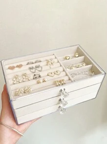 1pc 3-Layer High-End Jewelry Storage Box With Velvet Flap Cover Jewelry Box, Earring Display Stand, Necklace, Ring Organizer, Foldable Drawer Style & Velvet Lining Accessories Holder For Room, Home, Bedroom, Bathroom, House, Pink Room, Living Room Decor, Travel, Gift Bag, Gift For Mom, Dad, Men, Friends, Teachers, Birthday, Wedding, Desk, Shelf, Accessory, Gift Box, Funny Gift, Storage - Multicolor - View 8