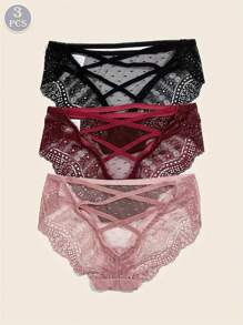 3件装女士性感蕾丝内裤，多种颜色可选，透气舒适，三角款式，优雅设计，适合日常穿着 - 彩色 - 查看 5