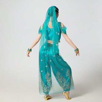 Halloween Performance Costume Jasmine Princess Belly Dance Exotic Style Women's Western Dancer Performance Set, Includes Pants + Top + Headscarf & Accessories + Face Veil + Bracelet