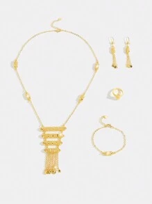 Mgyi 金色铜时尚高端奢华复古女士珠宝套装，18K 镀金优雅奢华方形设计项链、耳环、手链、戒指，适合尼日利亚、迪拜、中东、沙特阿拉伯新娘婚礼、日常佩戴、结婚周年纪念礼物、万圣节送给朋友的礼物