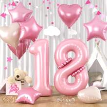 1 Set 40 Inch Pearl Pink & 18 Inch Stars & Hearts Aluminum Foil Number Balloons, Baby Shower, Birthday Party Decoration, Background