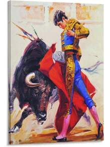 1 pieza Pintura al óleo con marco de madera de decoración de arte de torero español, arte de pared de toro de corrida occidental, decoración de pared, decoración para el hogar, decoración para la sala de estar (40x60cm) Marco - Enmarcado - Ver 1