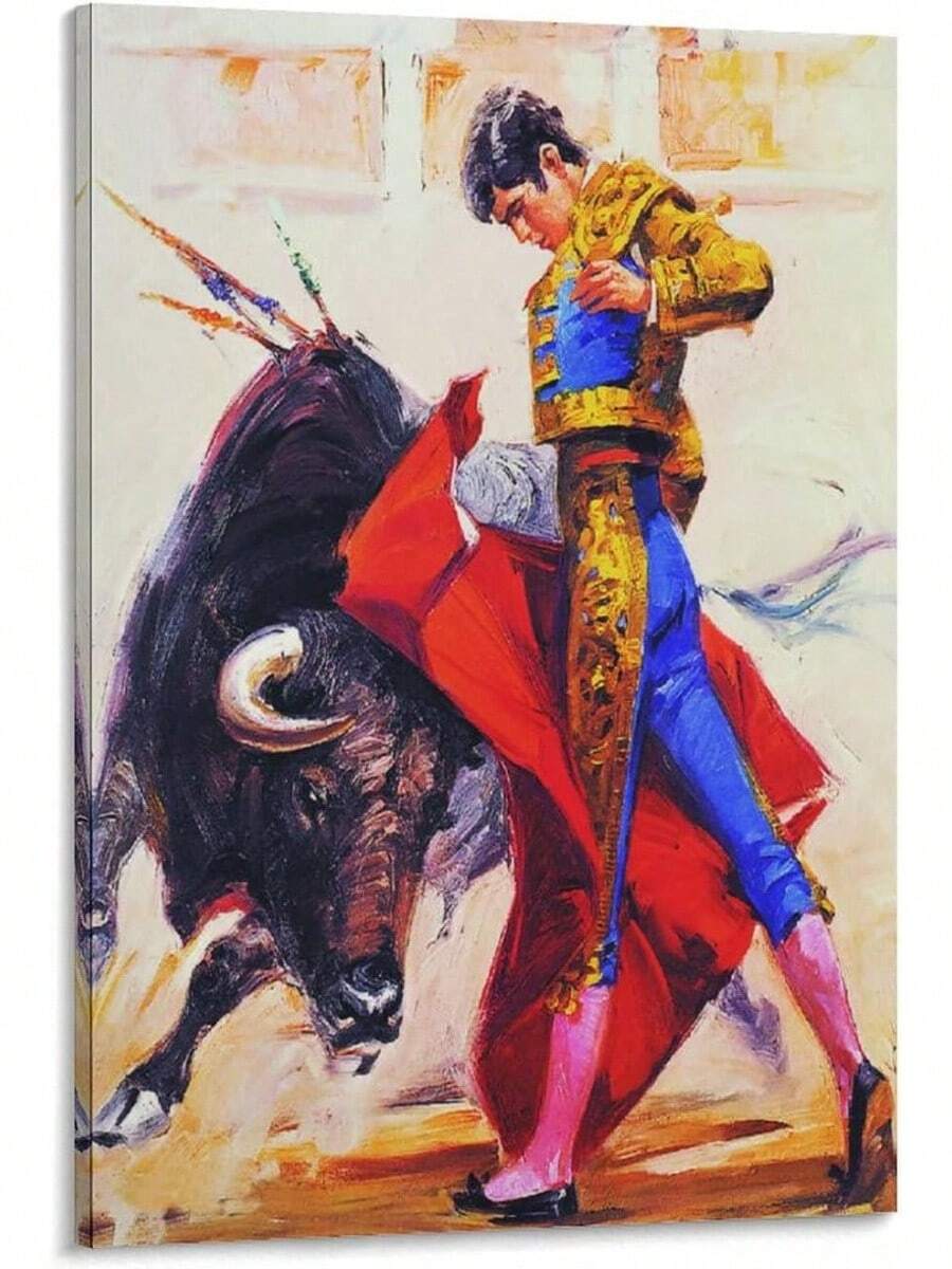 1 pieza Pintura al óleo con marco de madera de decoración de arte de torero español, arte de pared de toro de corrida occidental, decoración de pared, decoración para el hogar, decoración para la sala de estar (40x60cm) Marco - Enmarcado - Ver 1