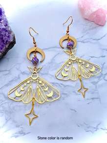 2 件波西米亚时尚铜天然石多色空心蛾、星星、月亮吊坠耳环，适合女性、日常和派对佩戴的礼物 - 彩色 - 查看 12