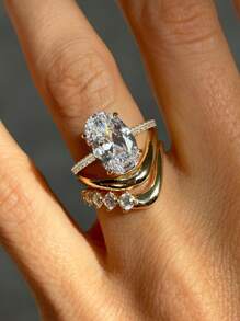 1 件 925 纯银 1ct-4.5ct 椭圆形切割大方晶锆石女士结婚戒指订婚新娘派对戒指，精美珠宝礼物 - 金色 - 查看 6