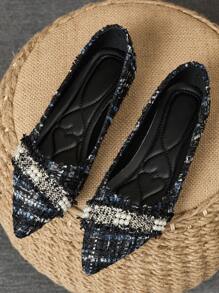 WHDXY 女士尖头平底鞋、法式低帮派对珍珠装饰软底工作鞋、仙女风格一脚蹬平底鞋、毛绒开衫、百搭