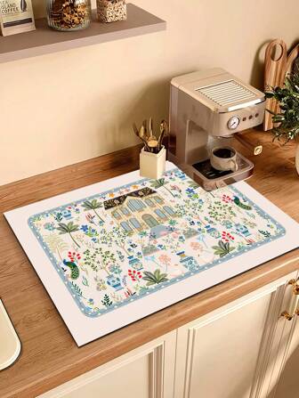 1 件花卉印花碗碟干燥垫，柔软橡胶排水垫，防滑超强吸水耐磨洗碗干垫，咖啡机硅藻泥排水垫，台面餐厅餐垫厨房桌垫，宠物垫，庭院装饰，家庭厨房用品