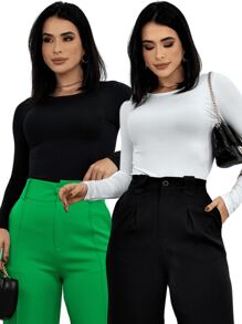 Kit 2 Women's Long Sleeve Blouse Cold Weather Round Neck Winter - Black and White - View 1