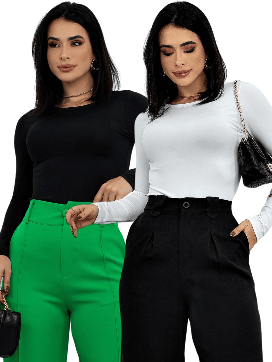 Kit 2 Women's Long Sleeve Blouse Cold Weather Round Neck Winter - Black and White - View 1