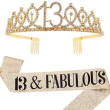 2 件/套黄金岁数 30 岁 40 岁 50 岁 60 岁 70 岁 80 岁 1 件水钻水晶皇冠 +1 件披肩头饰生日周年装饰生日快乐缎带派对用品发带发刷生日女王女士发刷发带，圣诞节