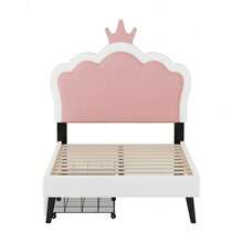 Twin Size Upholstered Princess Bed With Crown Headboard And 2 Drawers,Twin  Size Platform Bed With Headboard And Footboard, Pink+White - 粉色 - 查看 4