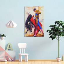 1 pieza Pintura al óleo con marco de madera de decoración de arte de torero español, arte de pared de toro de corrida occidental, decoración de pared, decoración para el hogar, decoración para la sala de estar (40x60cm) Marco - Enmarcado - Ver 4