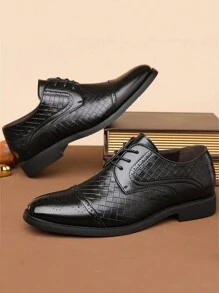 Men's Brogue Carved Leather Dress Shoes, Pointed Toe Derby Oxfords, Soft Sole Formal Wedding Shoes, British Style - Black - View 2