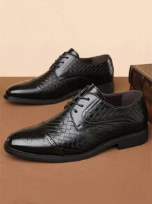 Men's Brogue Carved Leather Dress Shoes, Pointed Toe Derby Oxfords, Soft Sole Formal Wedding Shoes, British Style - Black - View 3