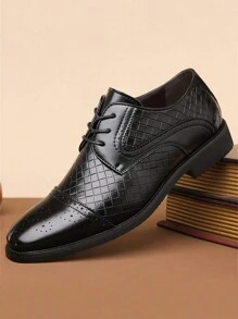 Men's Brogue Carved Leather Dress Shoes, Pointed Toe Derby Oxfords, Soft Sole Formal Wedding Shoes, British Style - Black - View 1