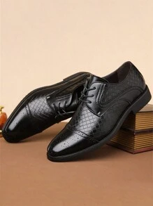 Men's Brogue Carved Leather Dress Shoes, Pointed Toe Derby Oxfords, Soft Sole Formal Wedding Shoes, British Style - Black - View 4