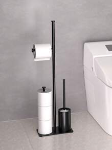 Black Toilet Paper Holder With Toilet Brush, Fits 4 Spare Toilet Paper Rolls, Floor-Standing Bathroom Paper Holder, Metal Independent Toilet Paper Roll Storage Rack, Bathroom Accessory