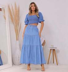 LONG WOMEN'S JEANS SKIRT 3 MARIAS WITH ELASTIC WAISTBAND - 淺藍色 - 查看 1