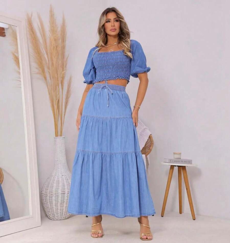 LONG WOMEN'S JEANS SKIRT 3 MARIAS WITH ELASTIC WAISTBAND - 淺藍色 - 查看 1