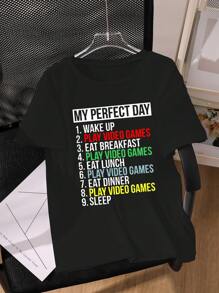 青少年男生圓領短袖T恤，夏季休閒有趣字母印花，適用於男孩的禮物 - 黑色 - 查看 2