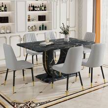 Modern Dining Table Set For 6,Faux Marble Kitchen Table And Chairs Set Of 6,Black Rectangular Dining Table With 6 Upholstered Chairs Set,63in Dinner Table Set For Dining Room,Kitchen,Living Room
