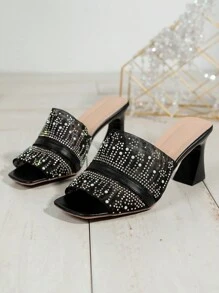 Women's Bling Sandals With Rhinestone Decor, High Heel Slides Suitable For Various Occasions And Outfits, Fashion Elegant Black Summer Heeled Sandals For Dating, Leisure, And Daily Wear - Black - View 2